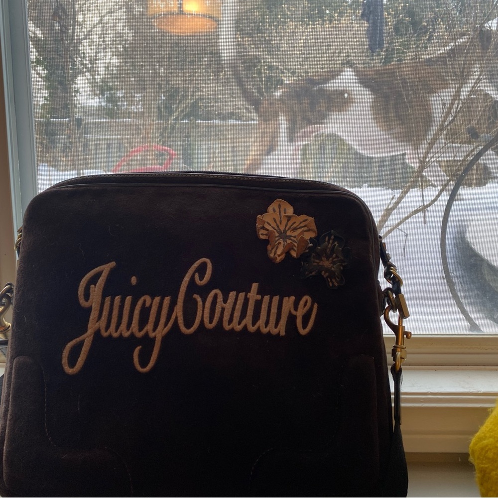 Vintage Y2K Juicy Couture Laptop Bag Dark Brown Crossbody Bag with Gold Accents